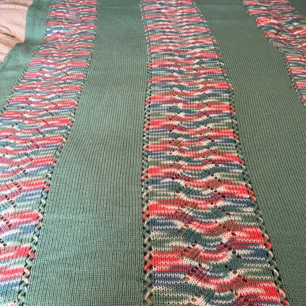 Vintage Large Crocheted Afghan Pink Mint and White with Blue Accents Lap Warmer